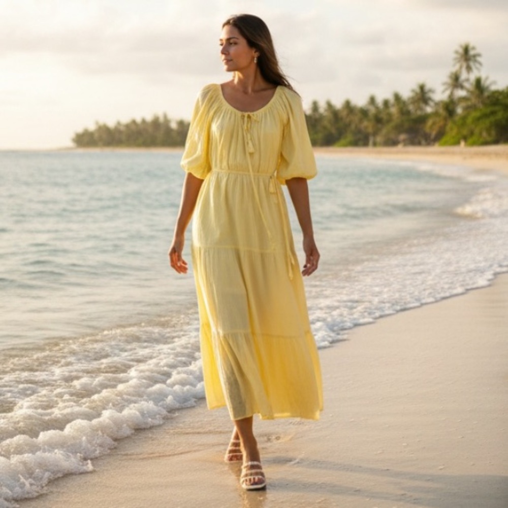 Faithfull the Brand Anthrpologie NWT Tiered Maxi Dress Cotton Puff Sleeves USA 8